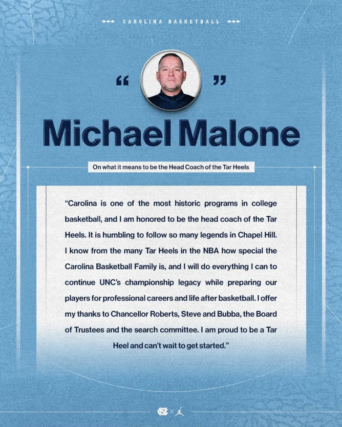 北卡男篮官宣迈克尔·马龙接掌帅印 冠军教头助